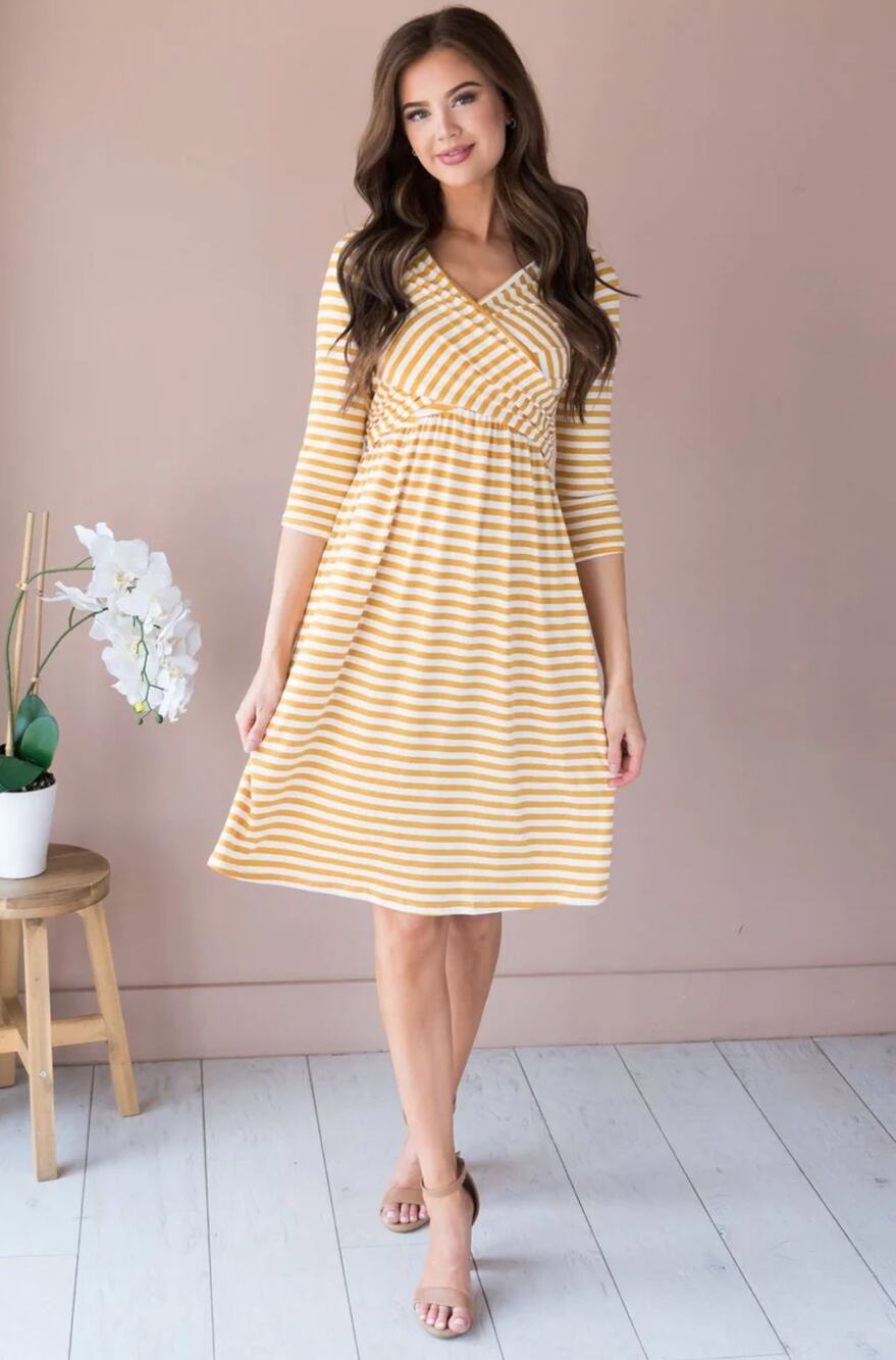 Reb. in J. Mustard and Ivory Striped V Neck Crossover Midi Dress Sz L NWT Career